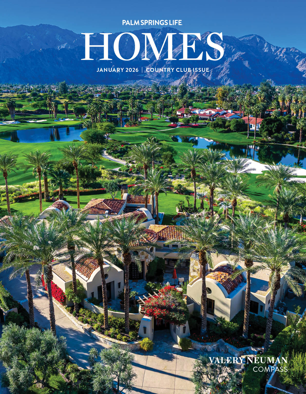 Palm Springs Life Homes July August 2025 cover with modern home driveway, evening lights, desert landscaping, and mountains in Palm Springs