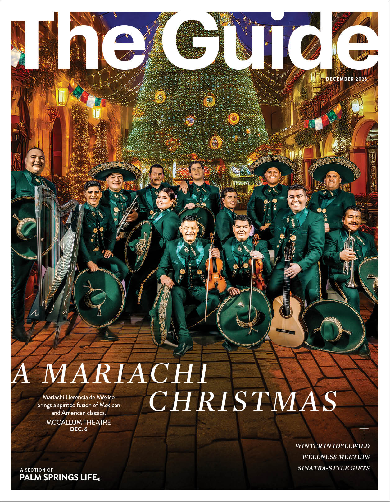 Palm Springs Life The Guide July 2025 cover showing Palm Springs Aerial Tramway cable car ascending mountain with pine trees and valley view