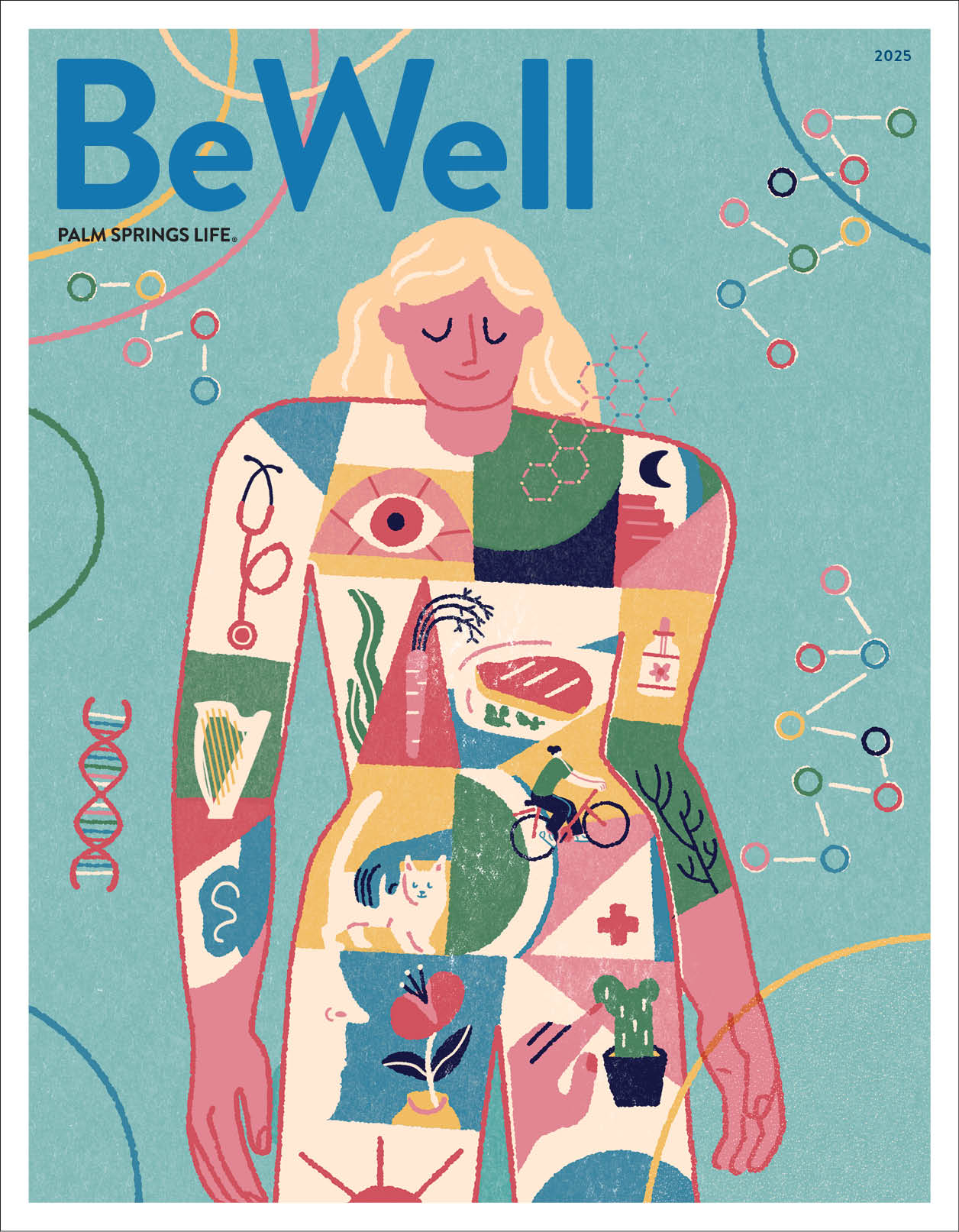 Palm Springs Life Be Well 2025 cover with colorful illustrated figure filled with wellness symbols like plants, exercise, and nature elements on teal background