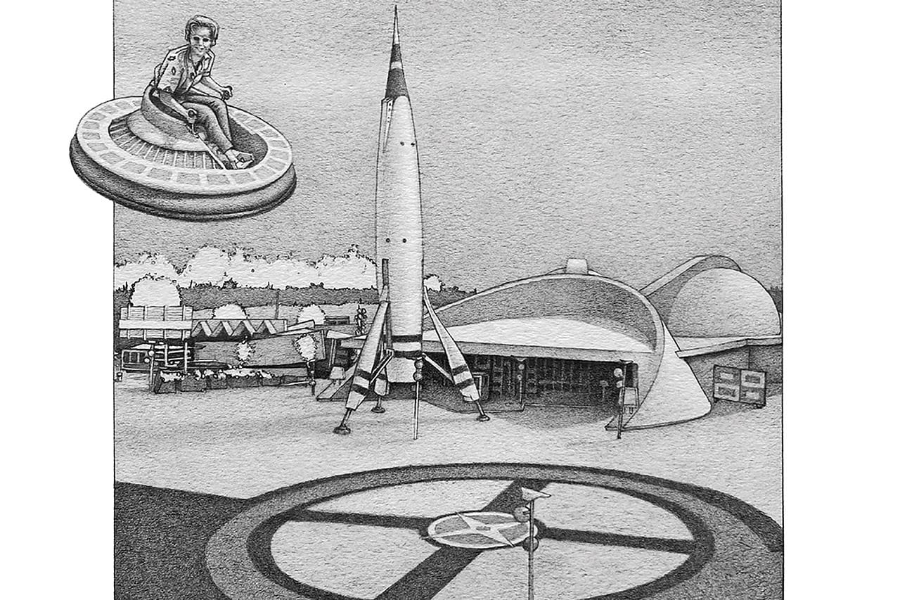 Mid century modern art creator Kurt Stell comfort in creating graphite drawings of space-age architecture and flight as well as human forms.