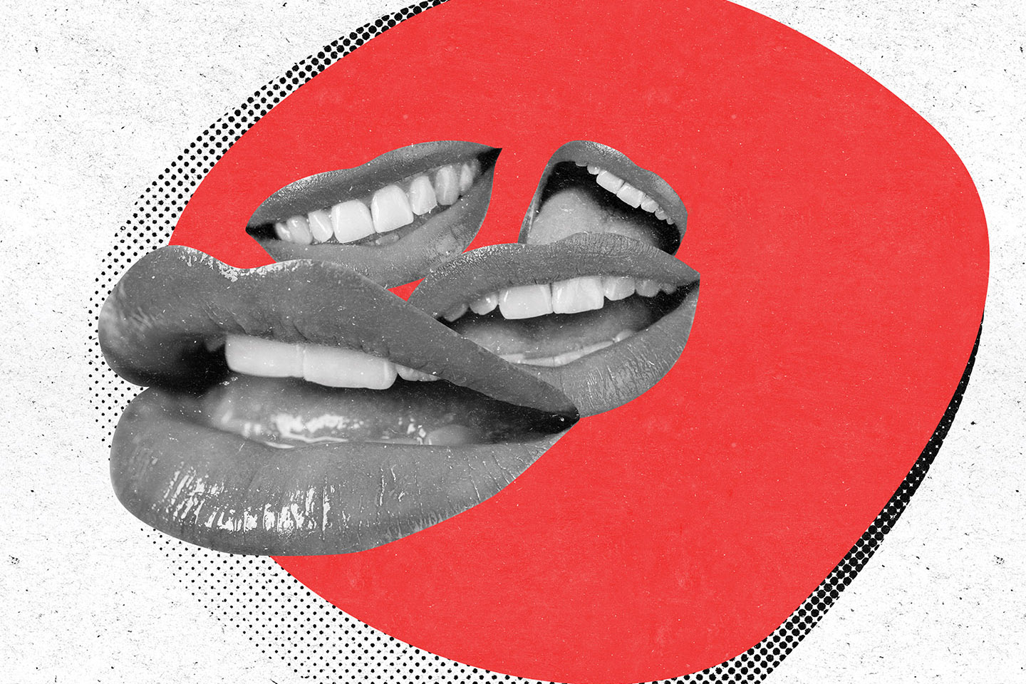Contemporary art illustration collage of many female mouths and lips