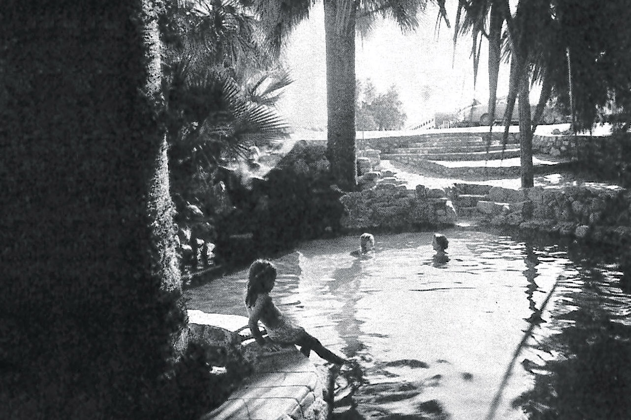 Black and white photo of Two Bunch Palms taken in 1951